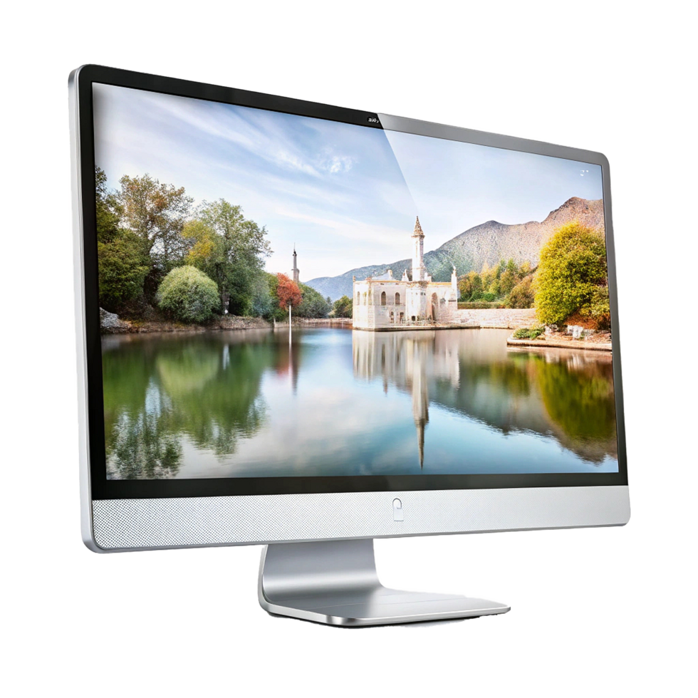Stunning Silver Computer Monitor Displaying Serene Lakeside Scene with Mosque png
