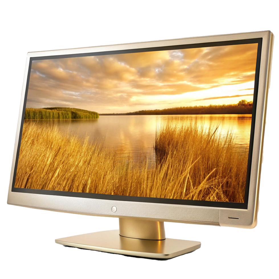 Elegant Gold Computer Monitor Displaying Serene Sunset Landscape png