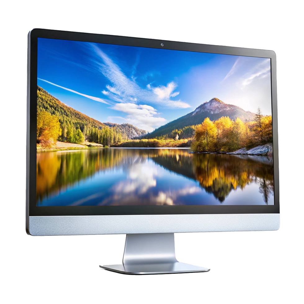 Stunning Mountain Lake Reflection Displayed on a Modern Silver Computer Monitor png