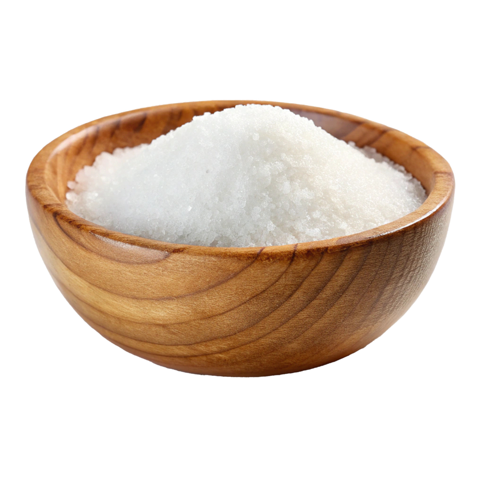 A wooden bowl filled with a generous portion of white granulated sugar crystals png
