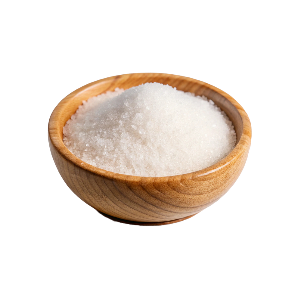 A wooden bowl filled with a generous amount of white sugar png