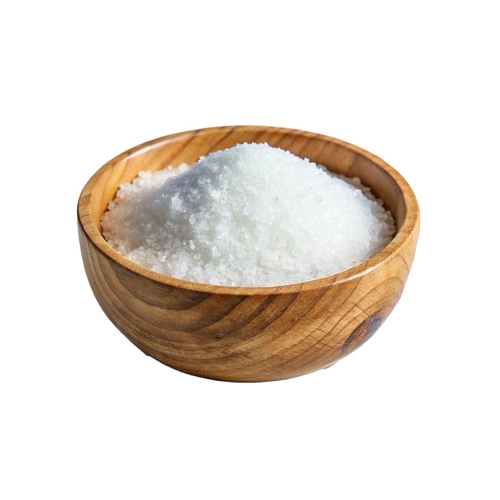 A wooden bowl filled with a generous mound of crystalline white salt grains png