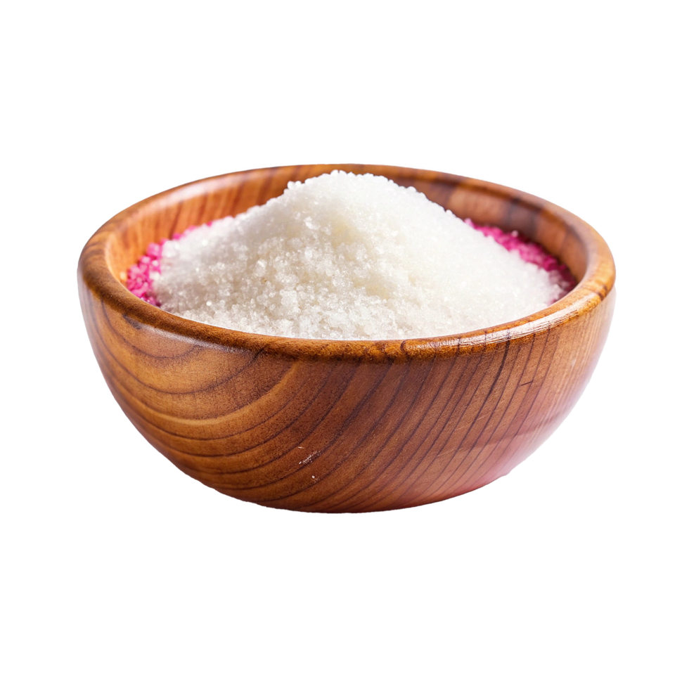 A wooden bowl filled with white sugar crystals and a hint of pink Himalayan salt png