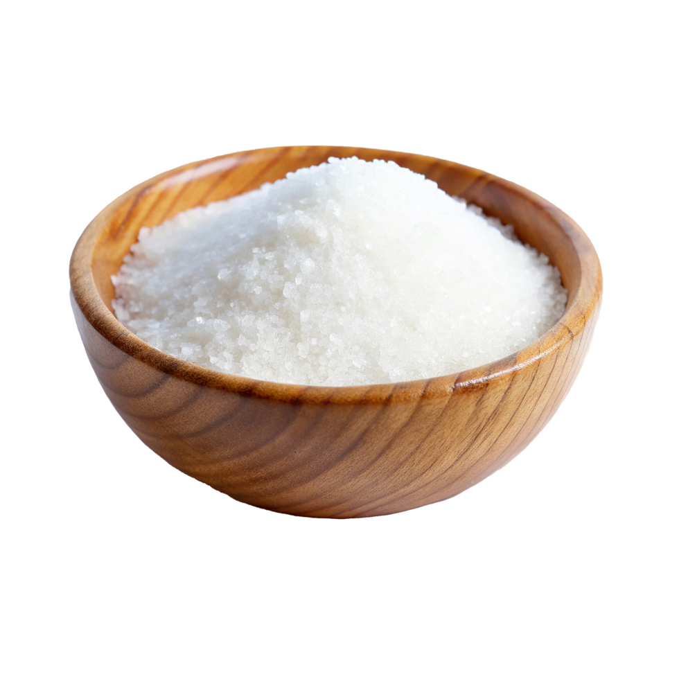 Wooden bowl filled with a generous amount of white sugar crystals png