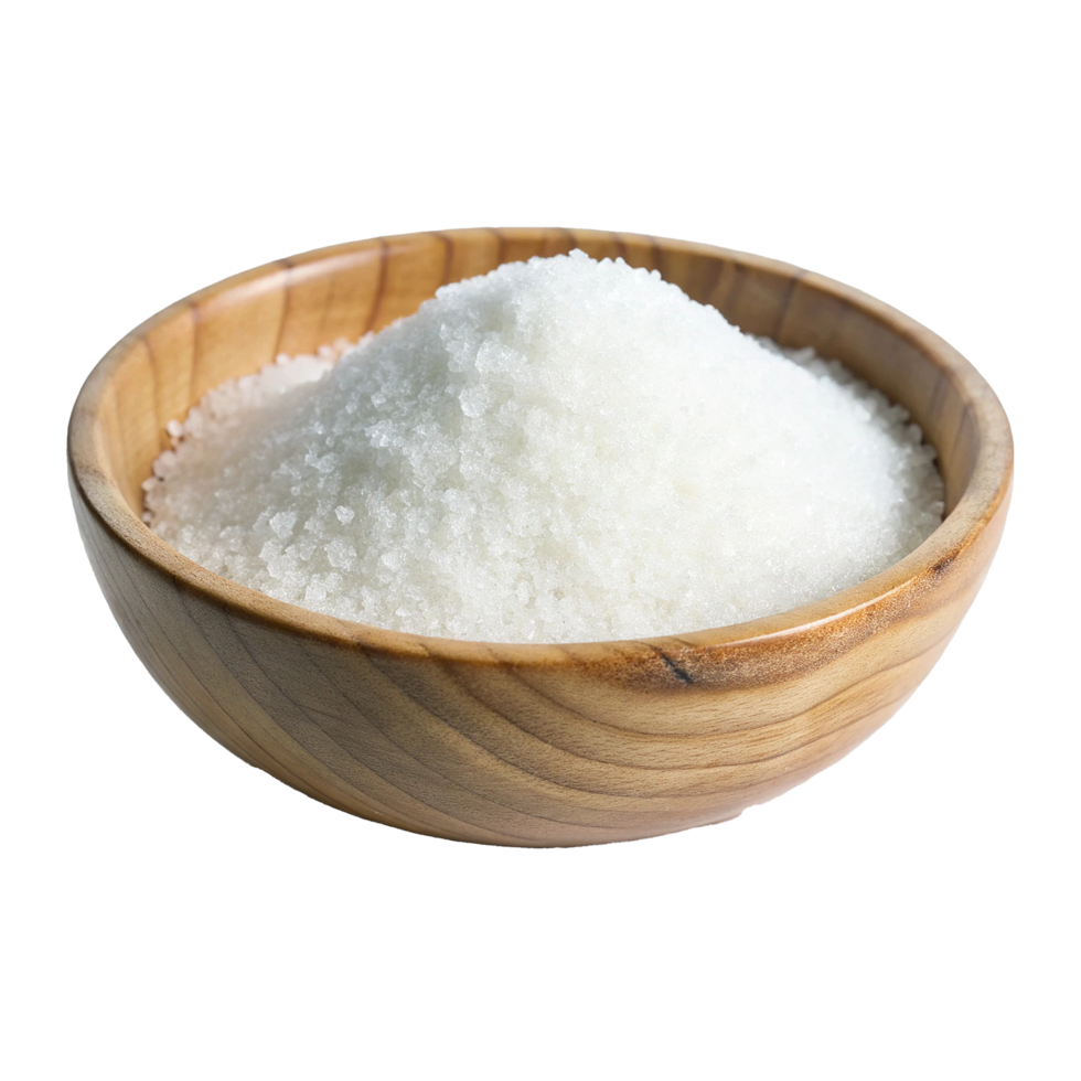 Wooden bowl filled with a generous amount of white granulated sugar crystals png