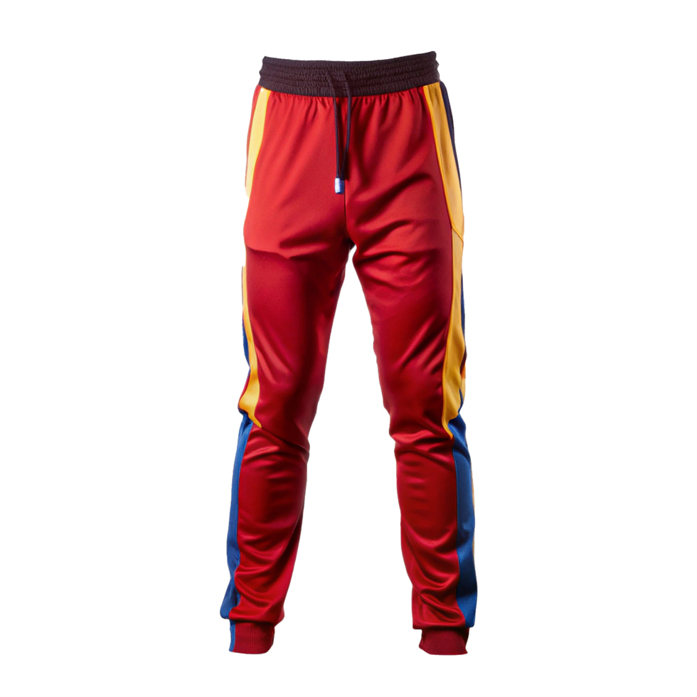 Stylish Red Tracksuit Bottoms with Yellow and Blue Side Stripes png