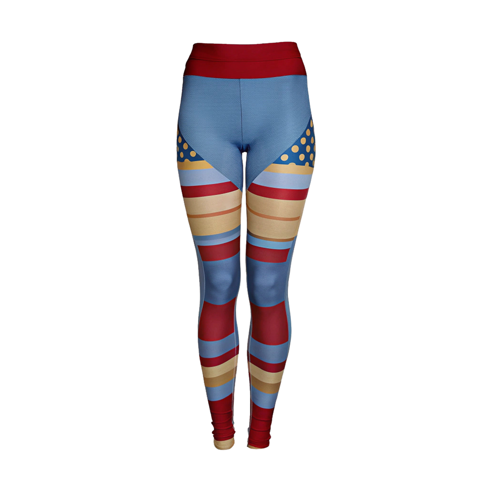 Stylish Blue and Red Women's Leggings with Geometric and Polka Dot Pattern png