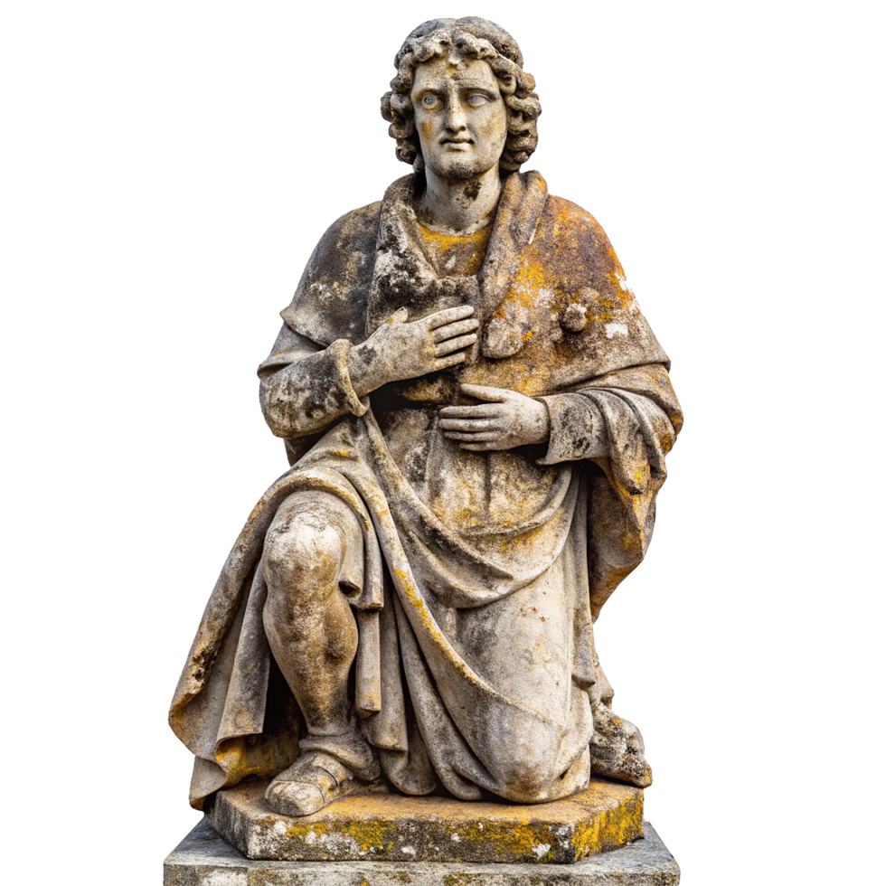 Ancient Weathered Stone Statue of a Kneeling Man in Draped Clothing png