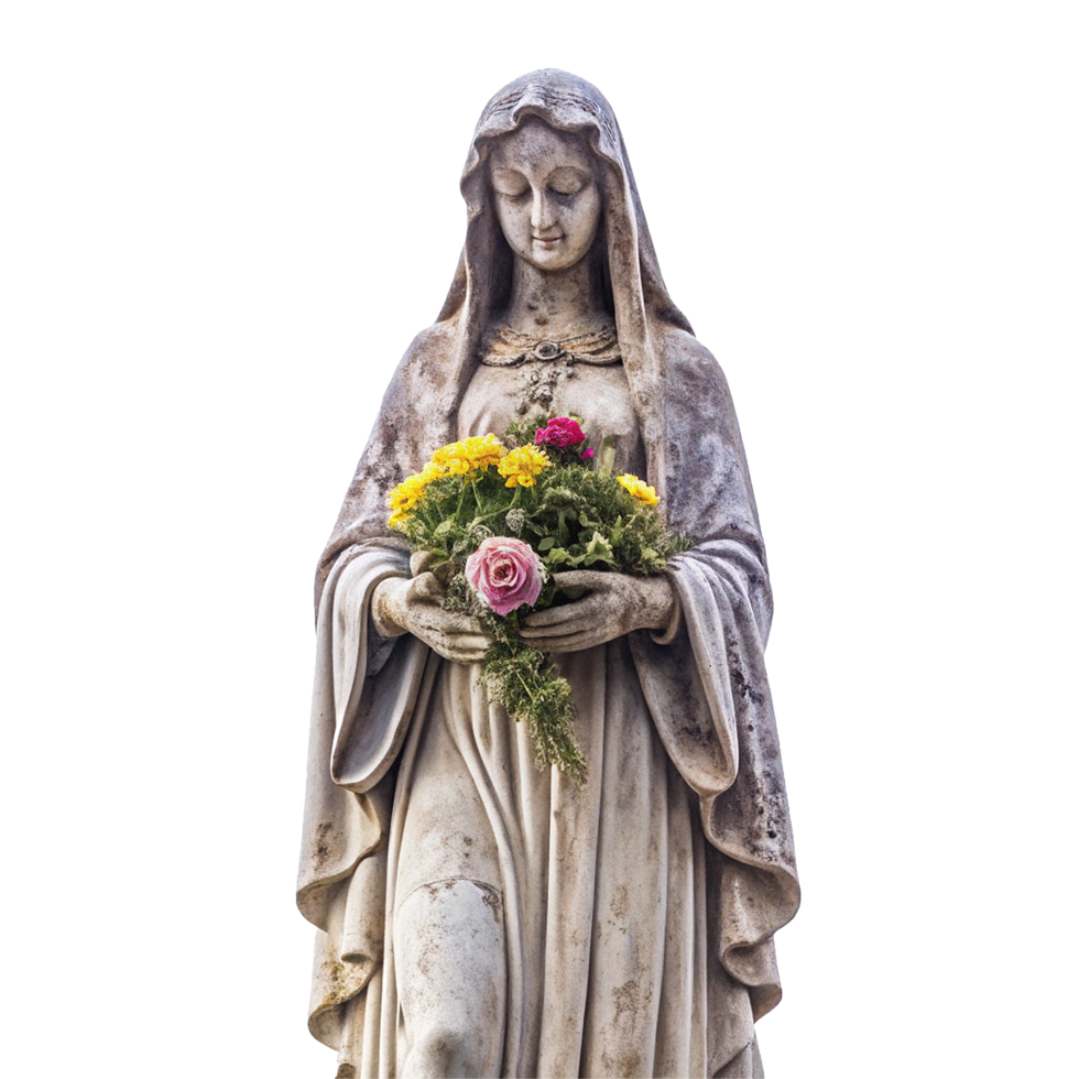 Ancient Weathered Stone Statue of the Virgin Mary Holding a Bouquet of Flowers png