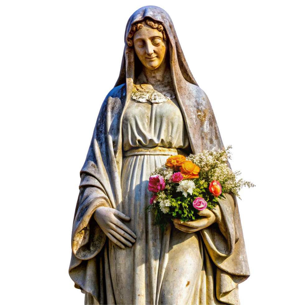 Weathered Stone Statue of Mary Holding Bouquet of Flowers png
