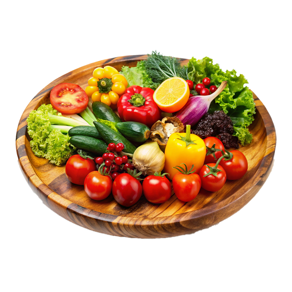 Vibrant Assortment of Fresh Vegetables and Fruits on Wooden Platter png