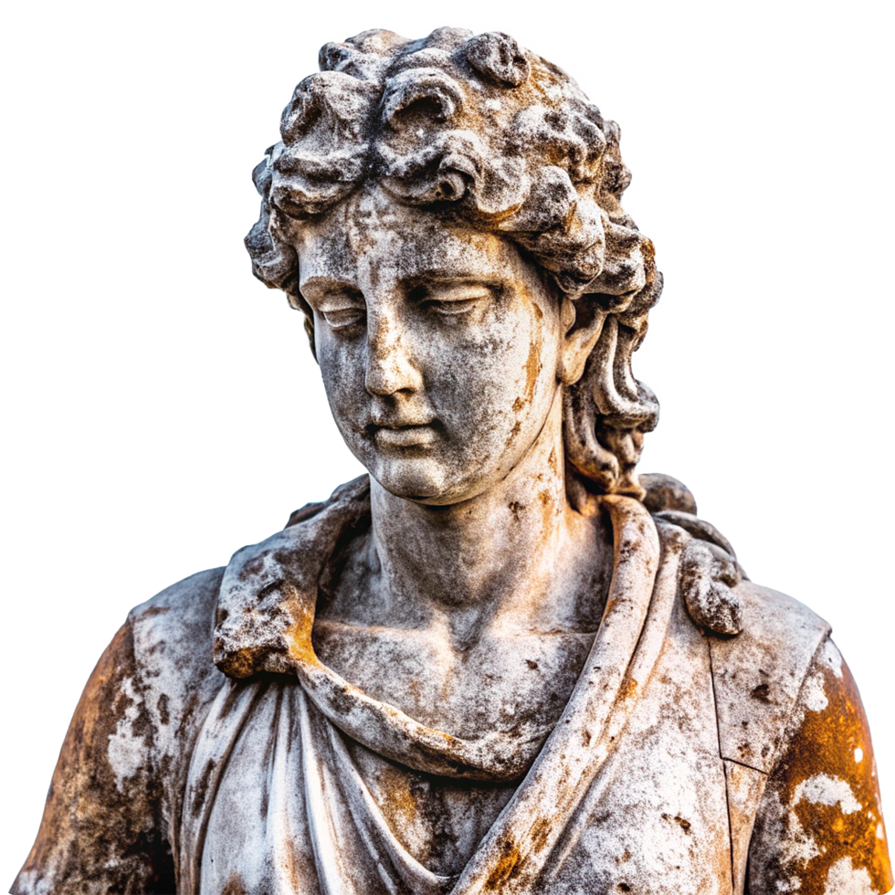Closeup of Weathered Ancient Greek Marble Statue Bust of a Woman with Detailed Hair and Drapery png