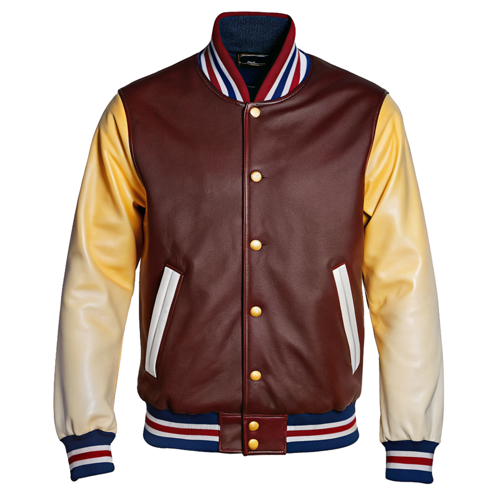 Burgundy and Cream Leather Varsity Jacket with Red White and Blue Details png