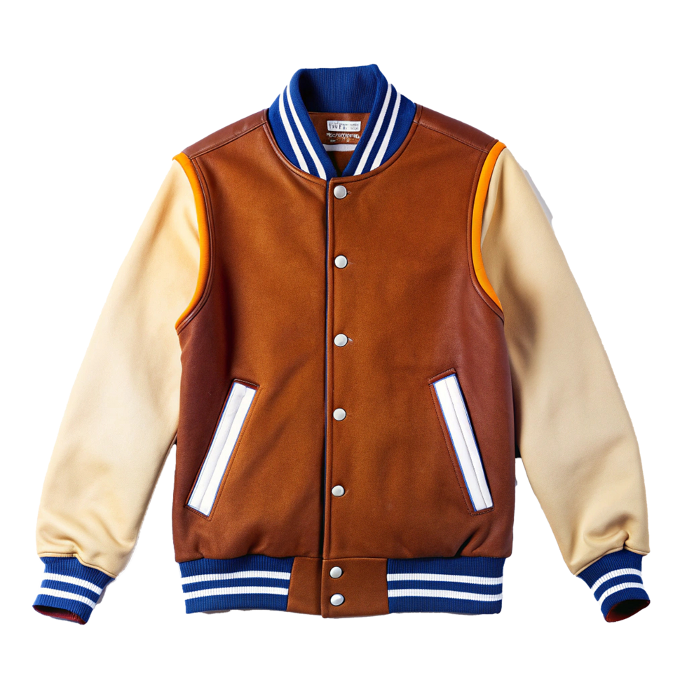 Brown Leather Varsity Jacket with Beige and Orange Sleeves and Blue White Trims png