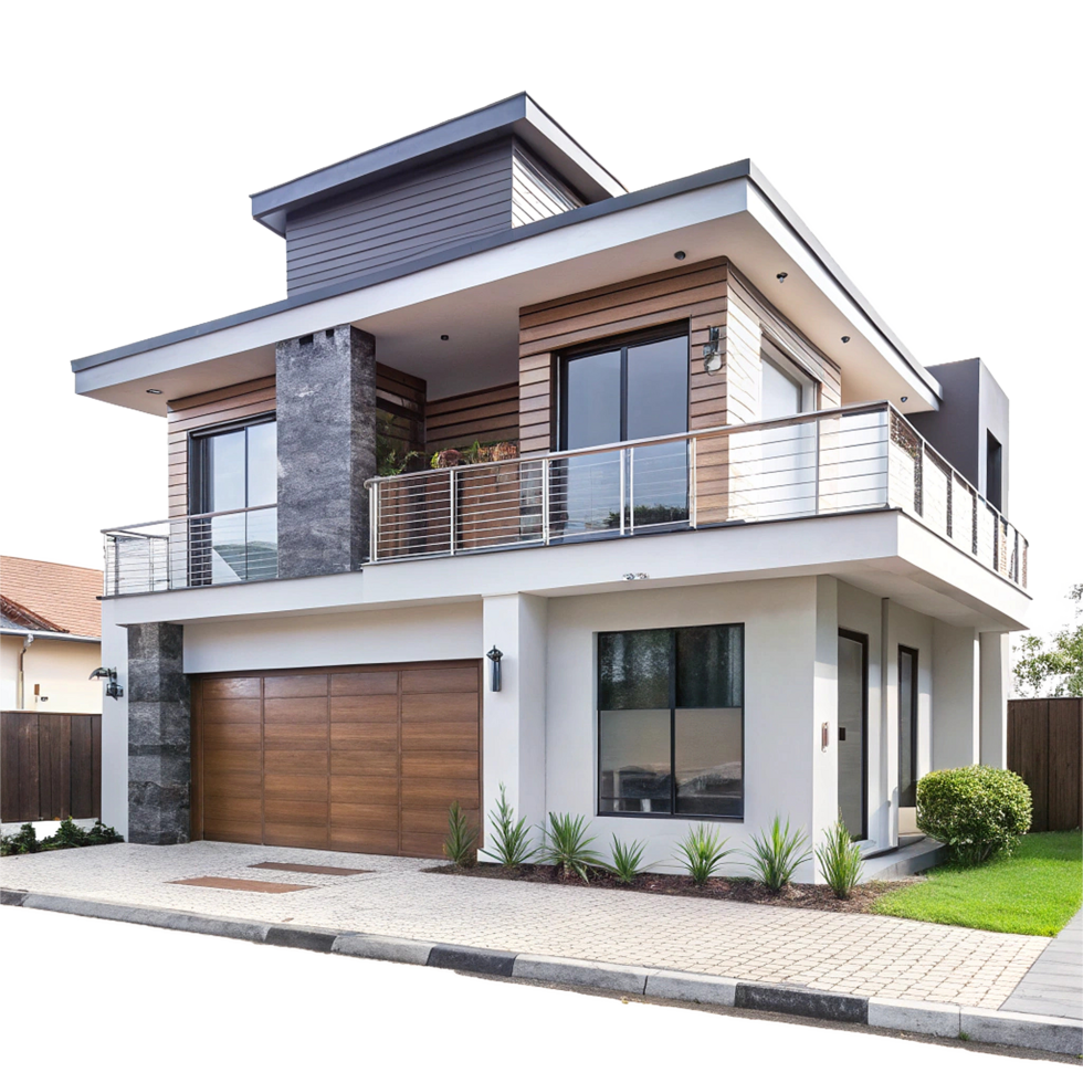 Stunning Modern Two Story House with Wooden Accents and Spacious Balcony png