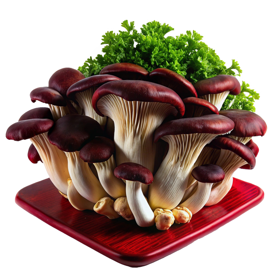 A beautiful cluster of dark red mushrooms on a rich red wooden board garnished with fresh parsley png