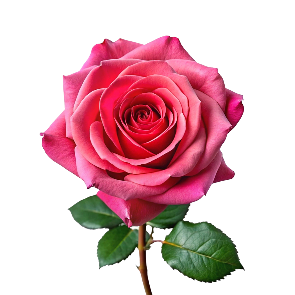 A single vibrant pink rose bloom with lush green leaves against a soft background png