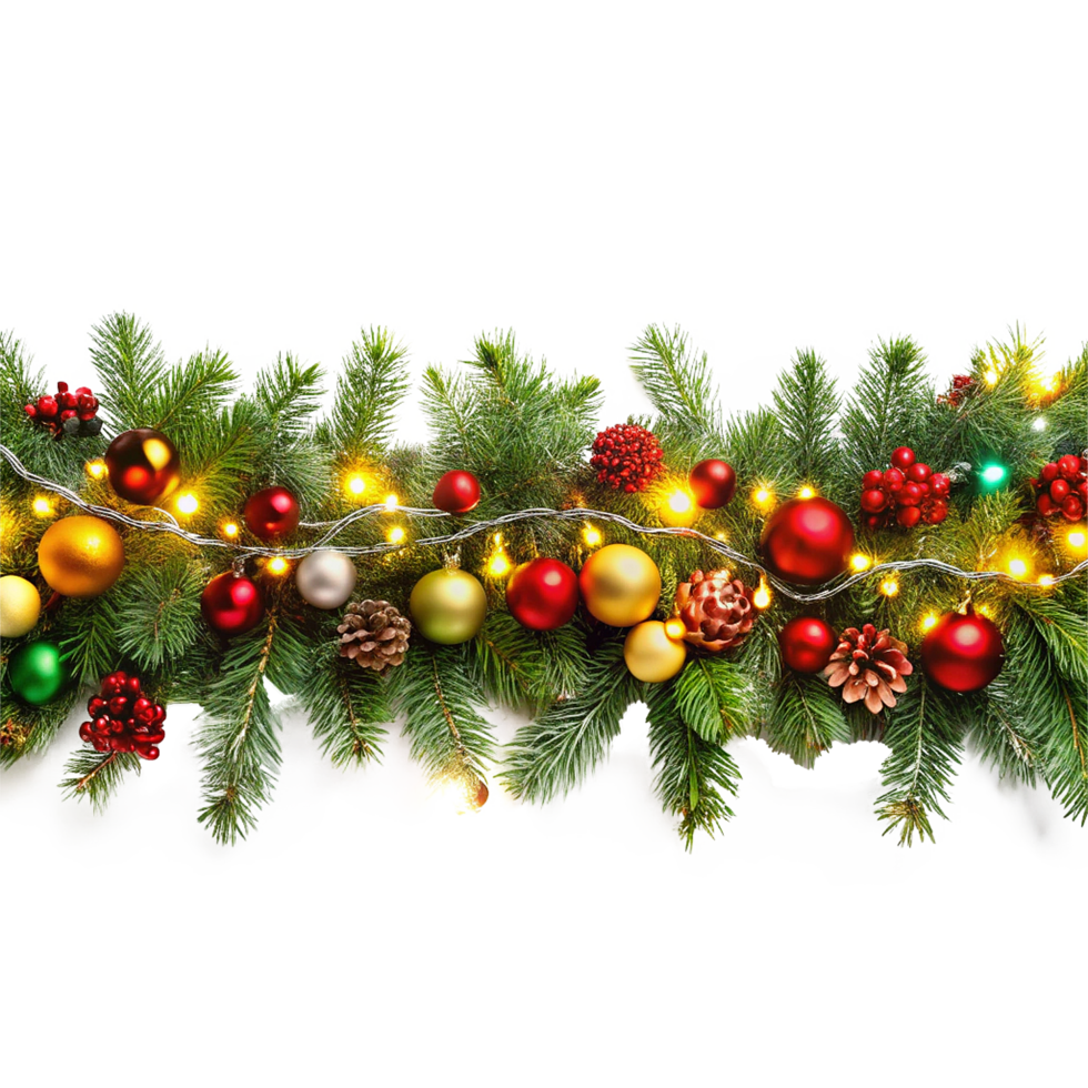 Festive Christmas garland with pine branches ornaments and lights png