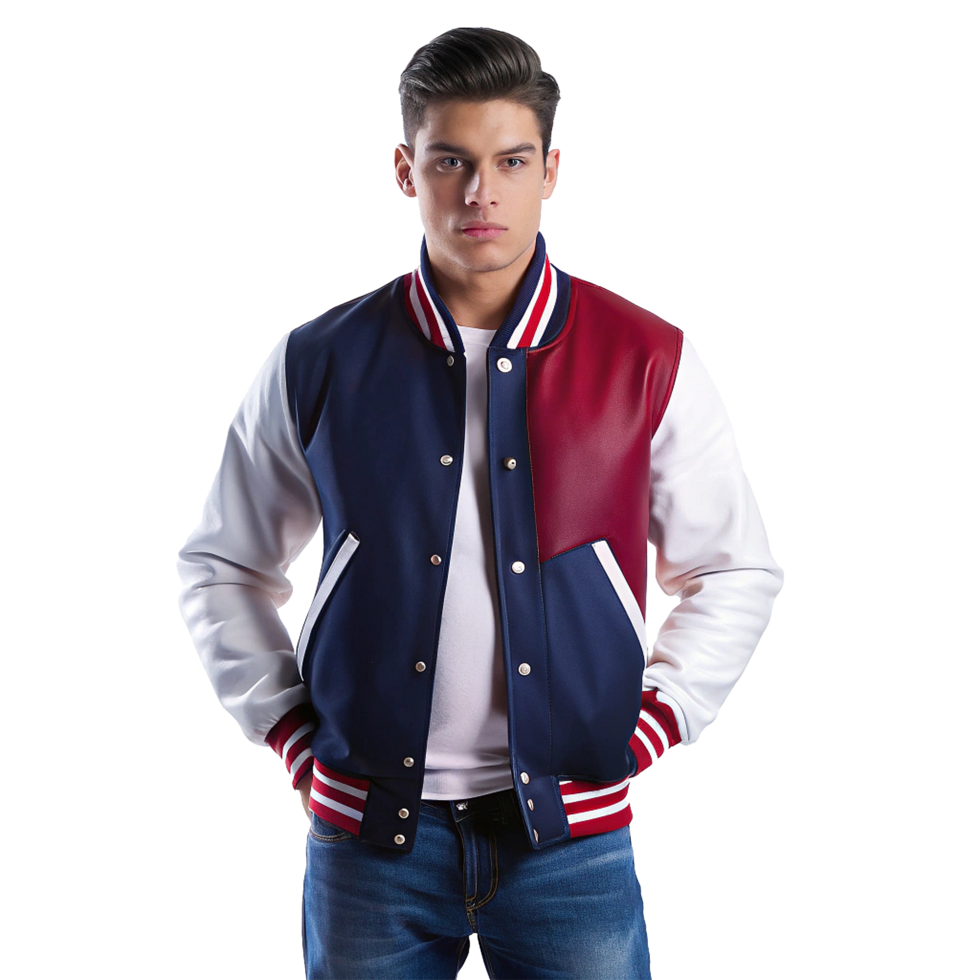 Stylish Man Wearing a Red White and Navy Blue Baseball Varsity Jacket png