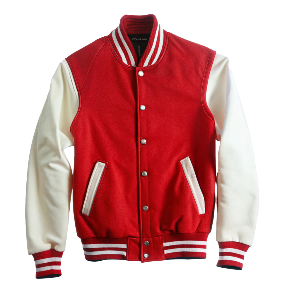 Classic Red and White Varsity Jacket Mens Baseball Bomber Jacket Outerwear png