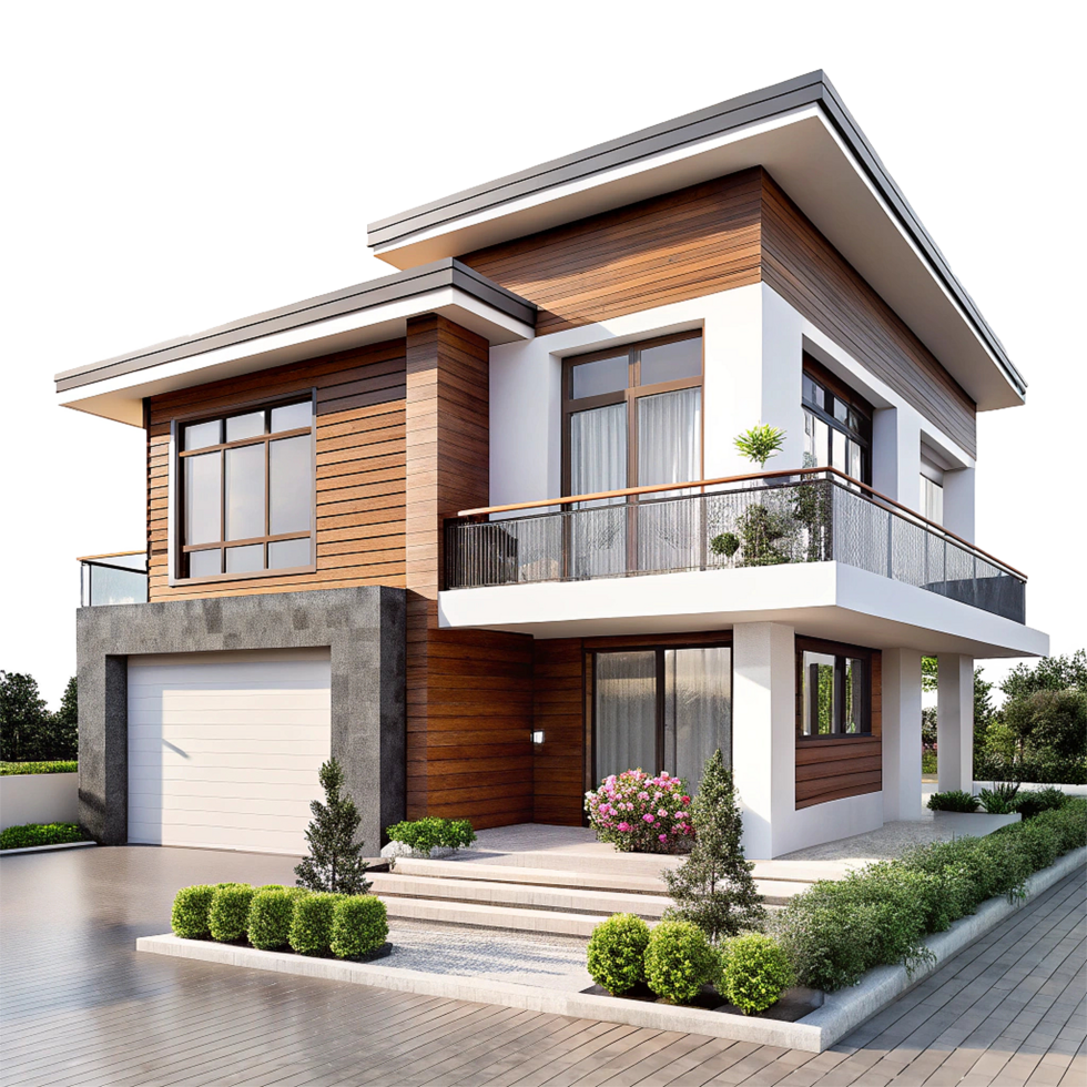 Modern TwoStory House with Wood Siding and Large Windows png