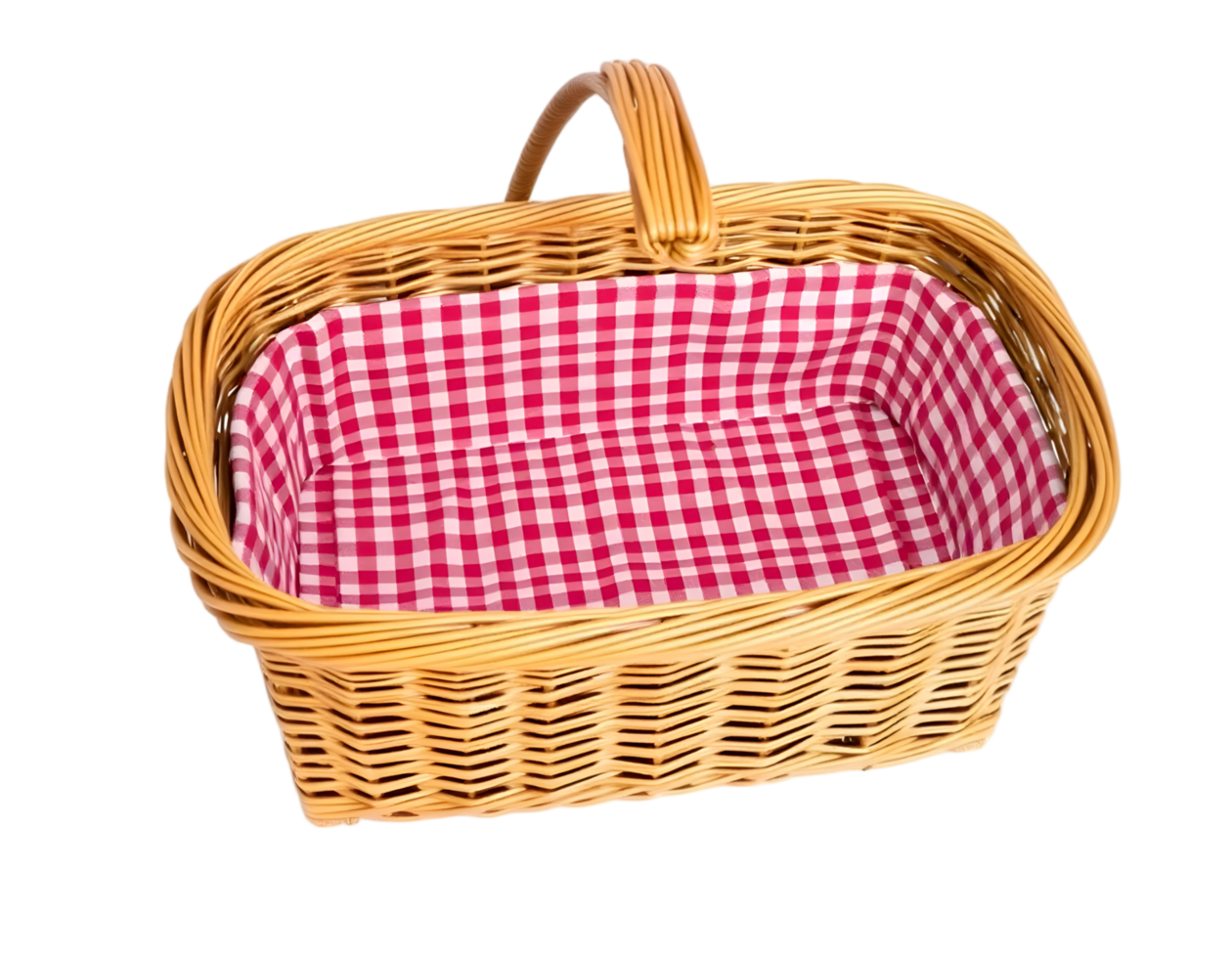 Wicker basket with checkered napkin isolated on transparent background png