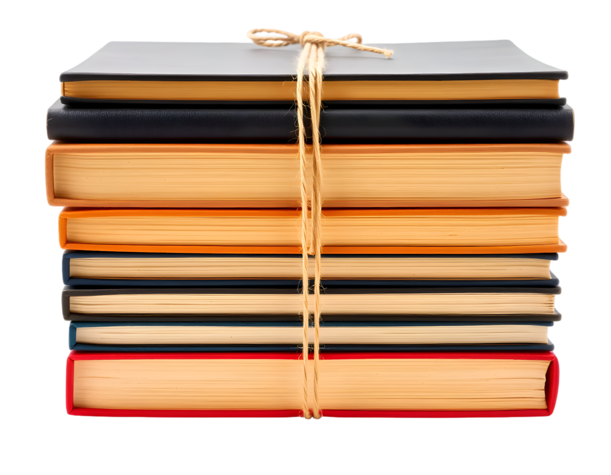 Stack of books tied with rope, isolated on a transparent background png