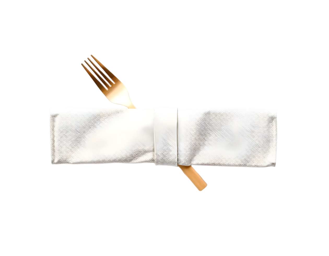 White napkin with golden fork and knife isolated on transparent background png