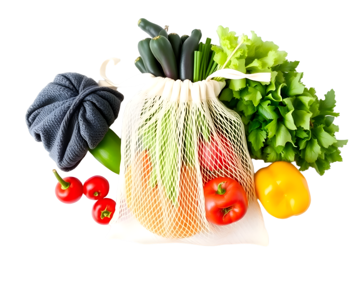 Mesh bag full of fresh vegetables isolated on transparent background png