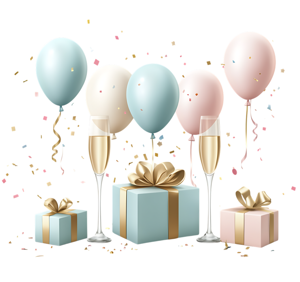 Birthday party balloons, gift boxes and champagne glasses png