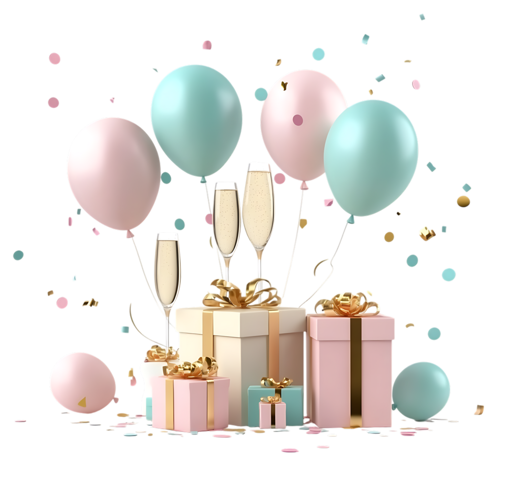 Birthday party with balloons and gifts on black background 3d rendering png
