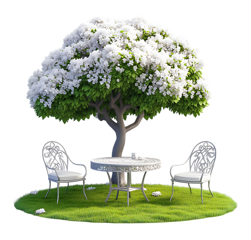 A tree with a table and chairs under it png
