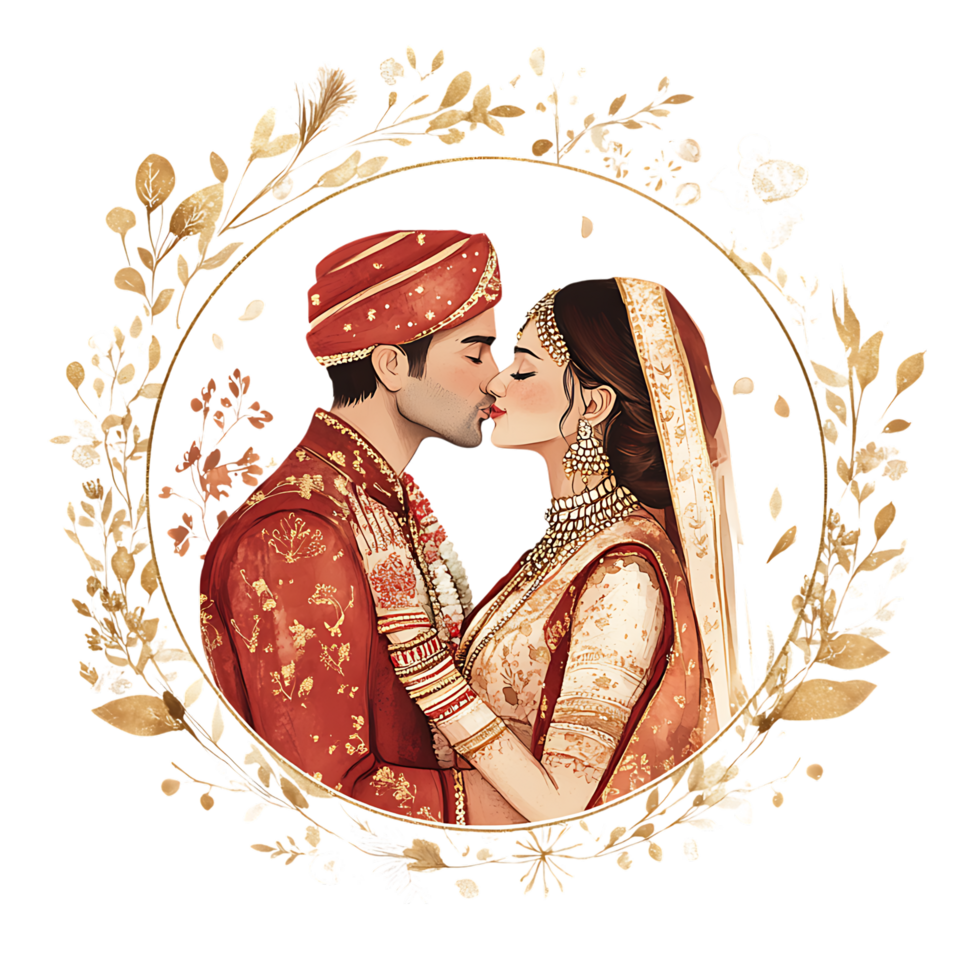 An indian couple kissing in a floral frame png