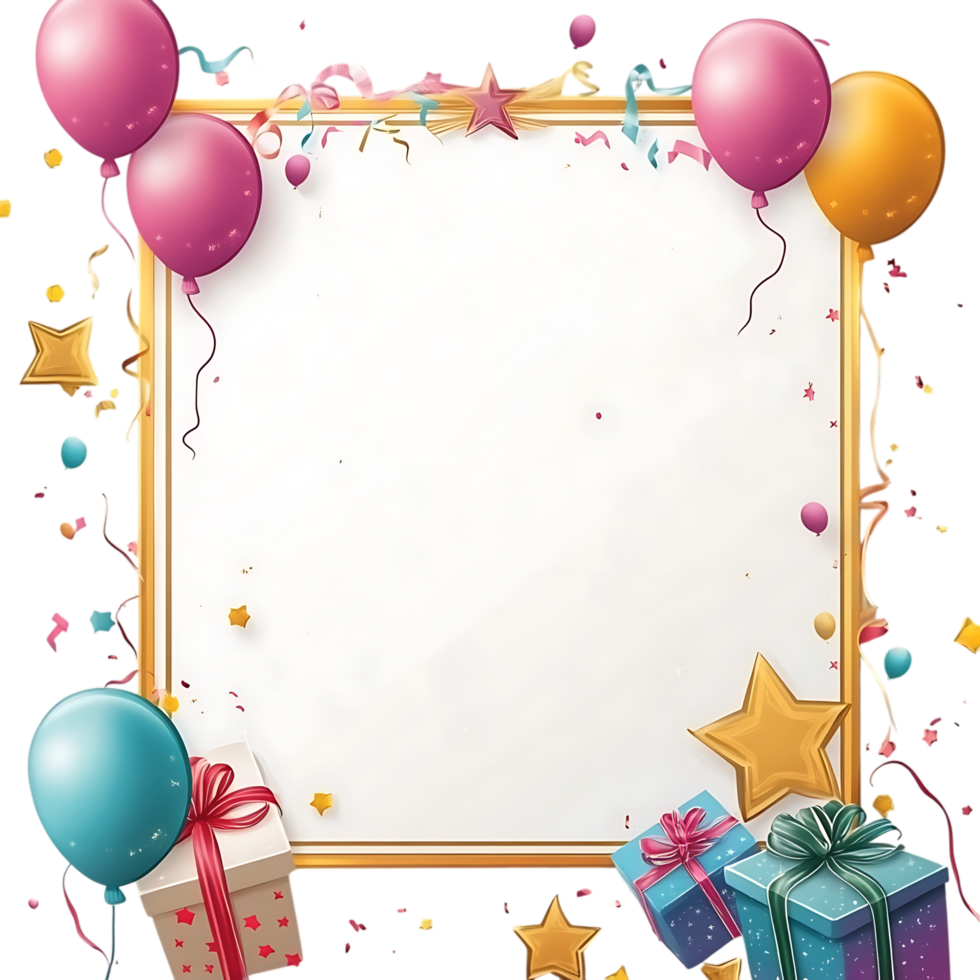 Birthday frame with balloons and gifts on a black background png