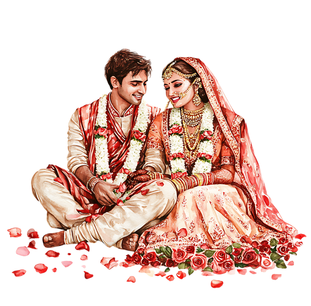 An indian couple sitting on the ground with rose petals around them png