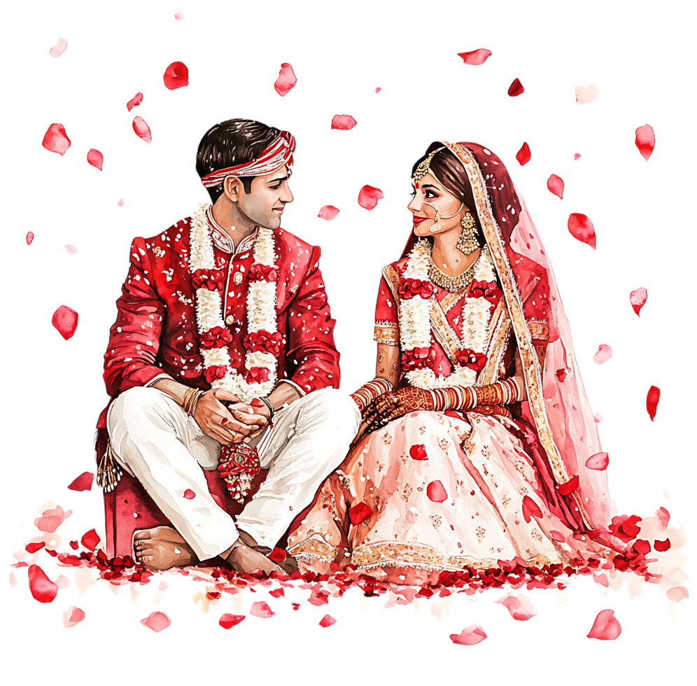 A couple sitting on the ground surrounded by petals png