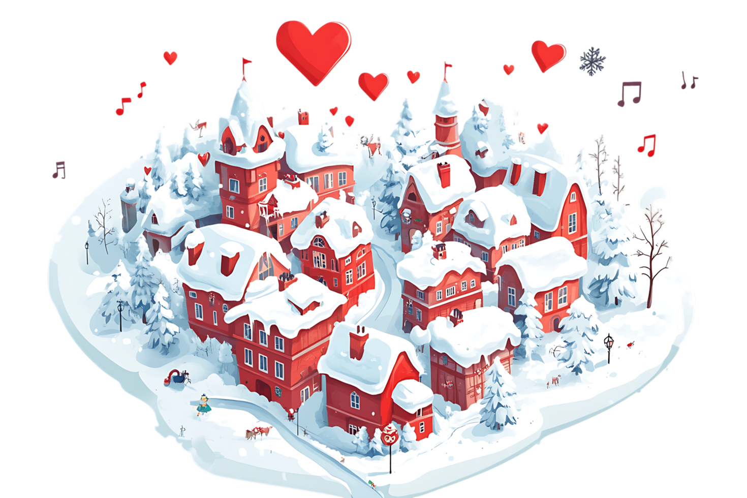 A heart shaped town with snow and hearts png