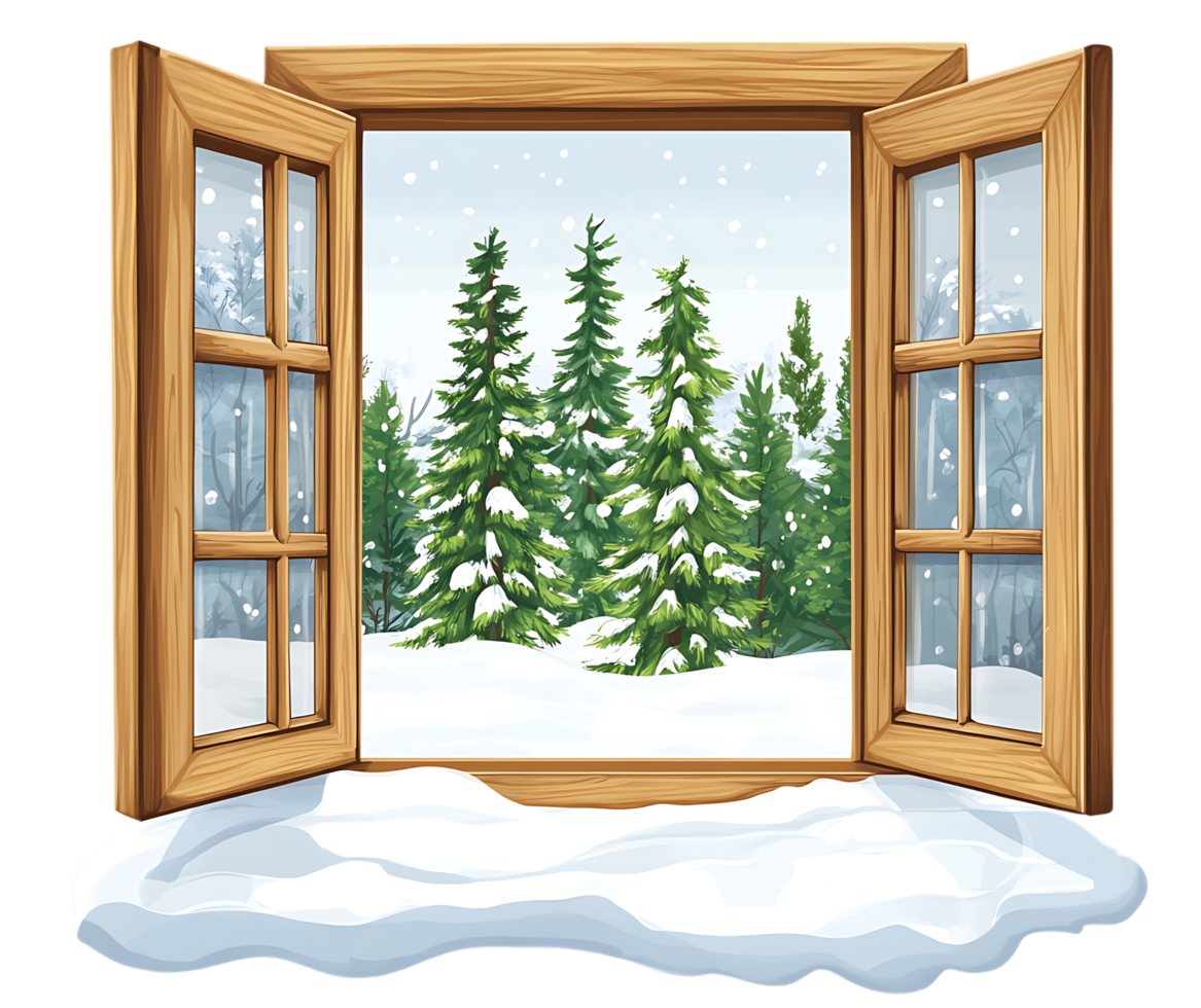 Winter window with snow and trees png