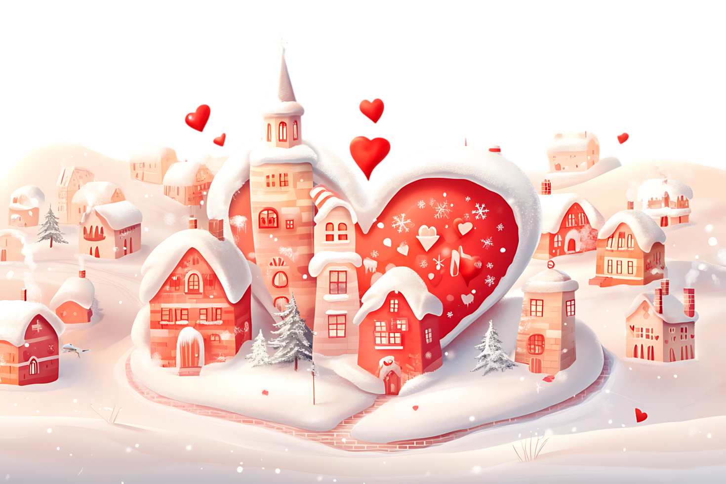 A heart shaped town with snow and hearts png