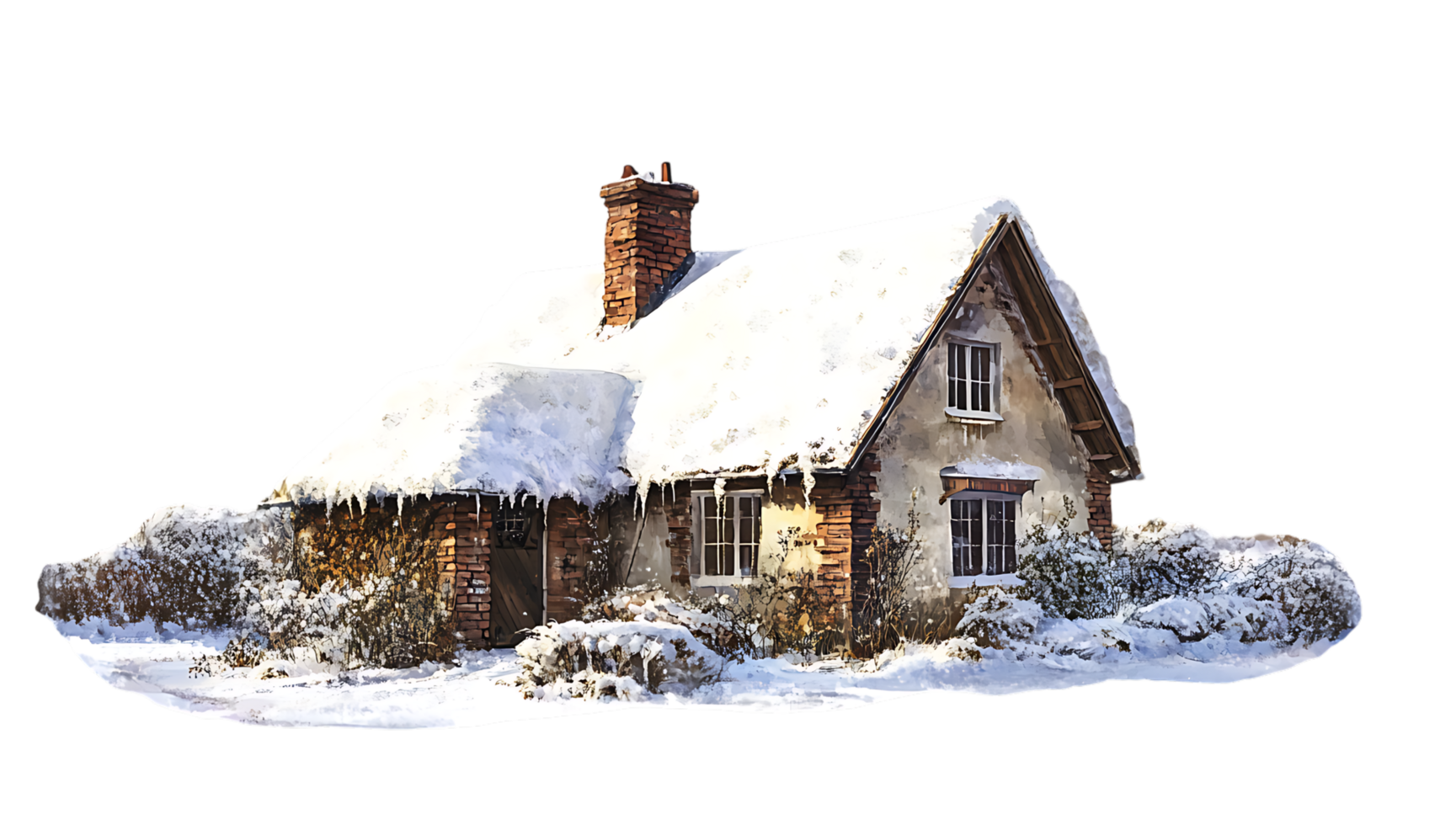 A house in the snow with snow on the roof png