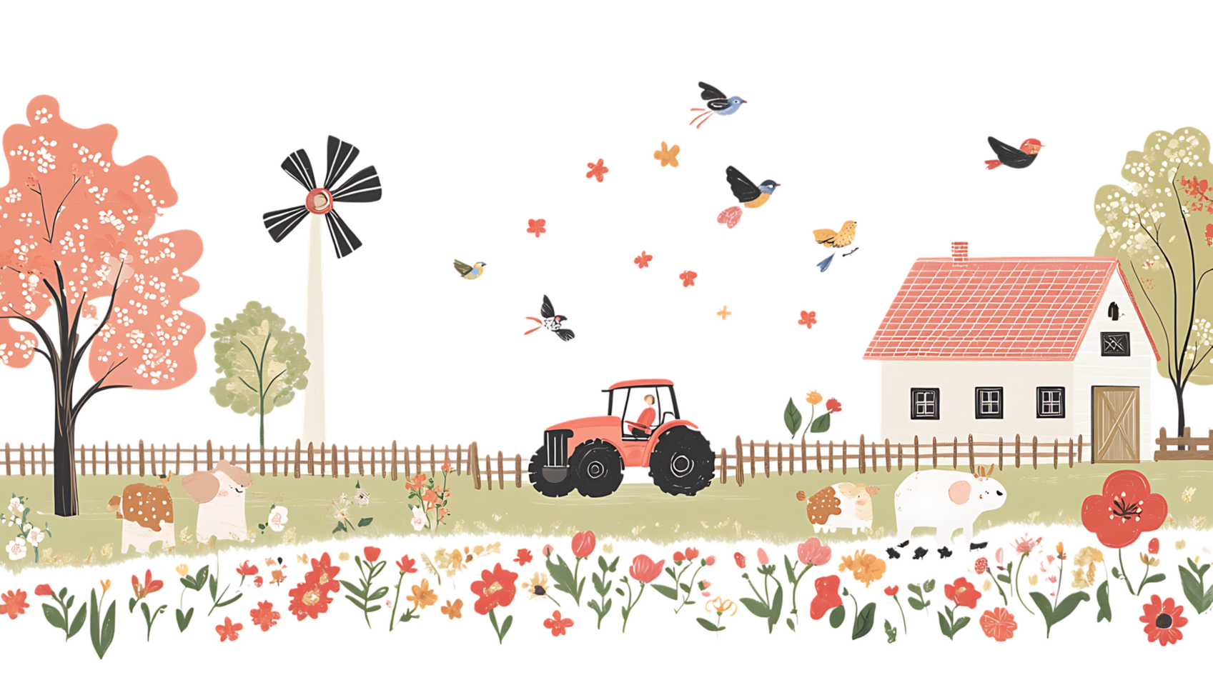 Farm scene with tractor, flowers, birds and farm animals png