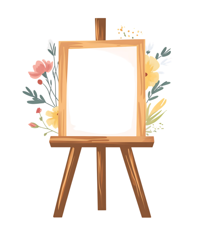 An easel with flowers and a blank canvas png