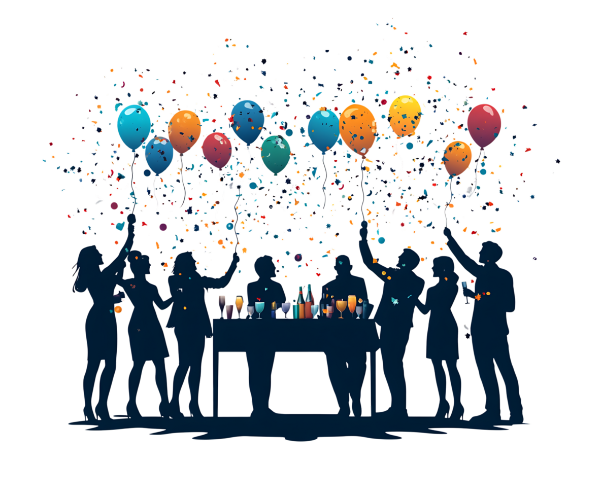 People at a party with balloons and confetti png