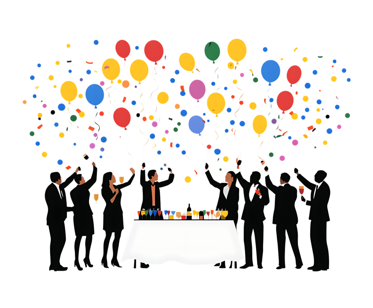 A group of people at a table with balloons png