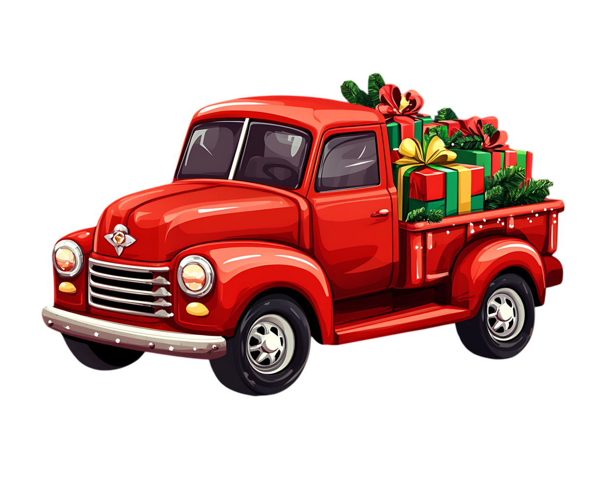 A red truck with christmas gifts in the back png