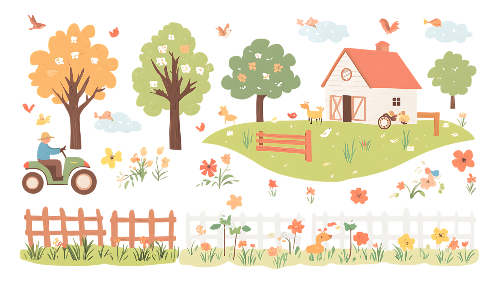 Farm scene with a tractor, house, trees and flowers png