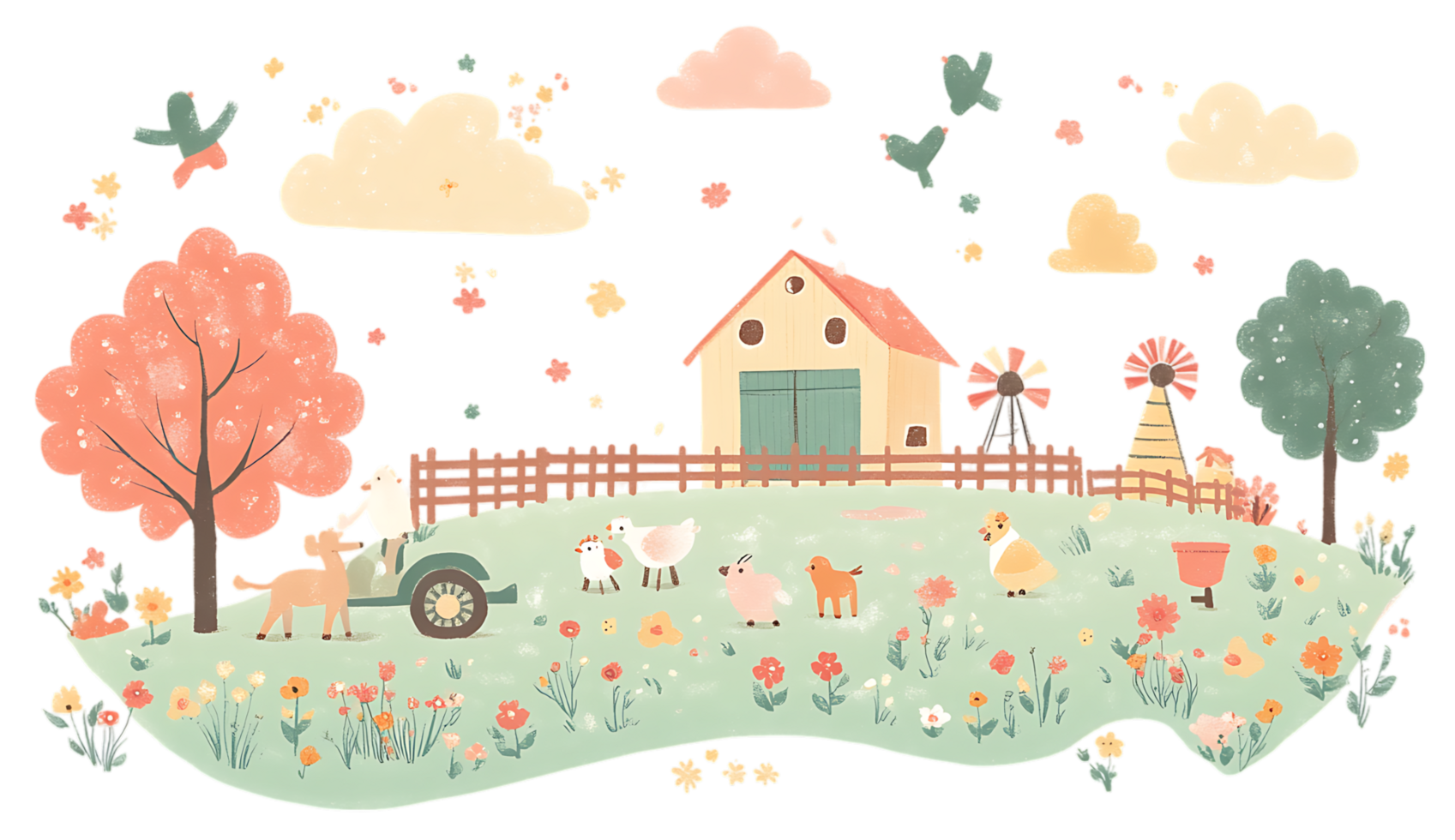 Farm scene with animals and farm animals png