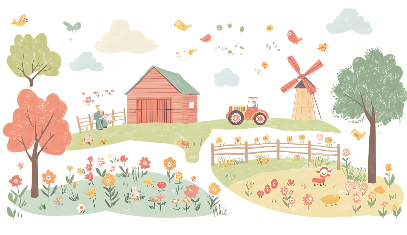 Farm scene with windmill, farm animals and flowers png