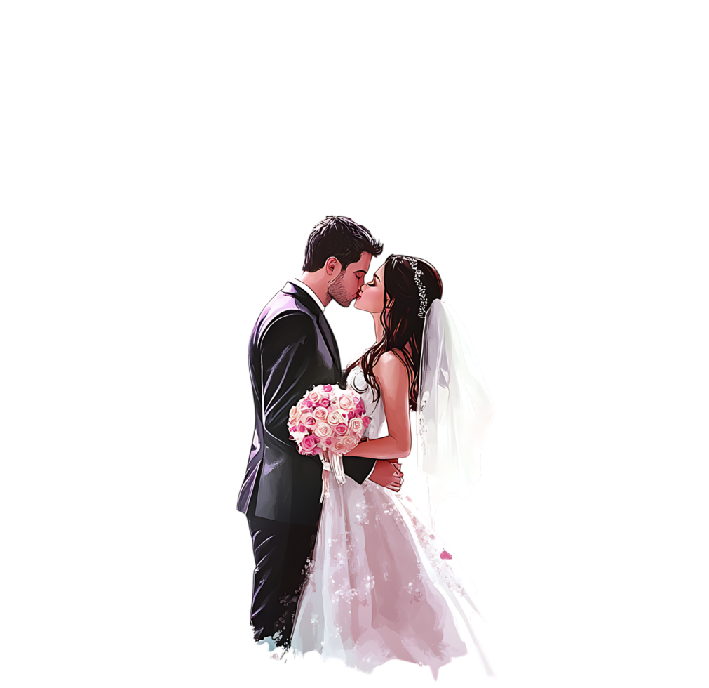 A wedding couple kissing in front of a black background png