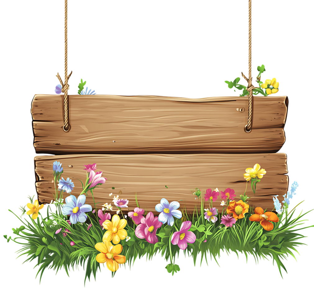 Wooden sign with flowers and grass png